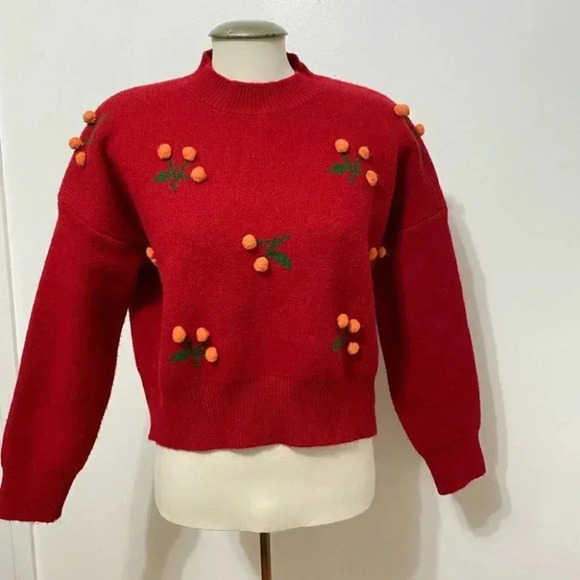 Source Unknown - Novelty Cherry Embroidered Soft Burgundy Red Cropped Sweater - Picture 5 of 8